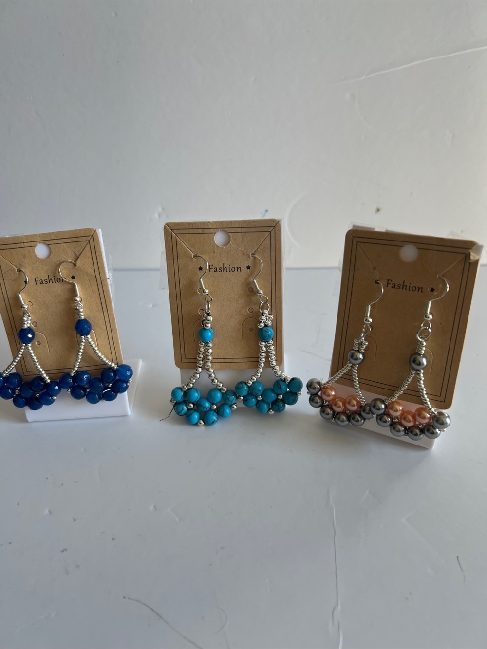Gemstones Pearl,Lapis and Turquoise Beaded Dangle Earrings.